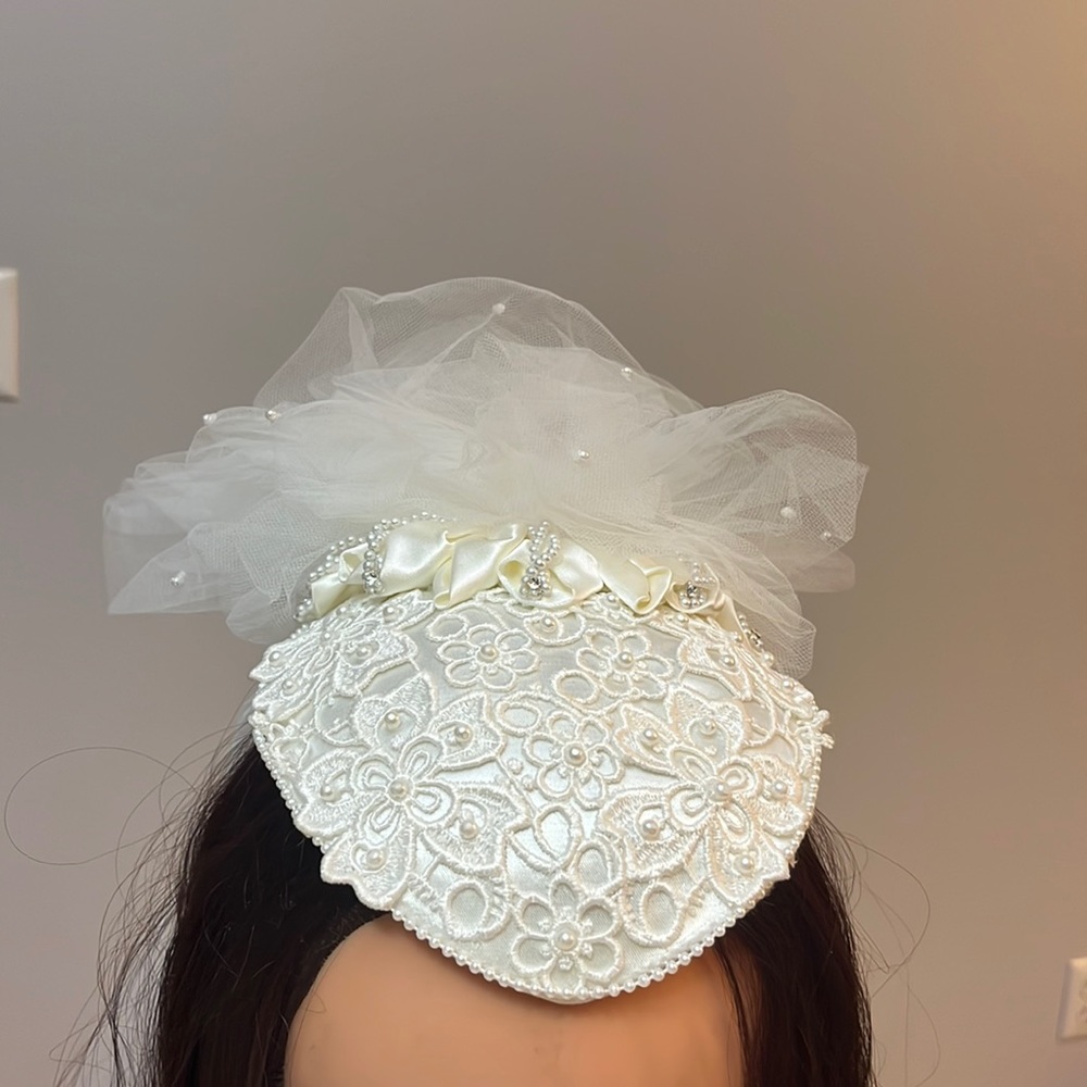 Vintage Lace, Pearl, Rhinestone Bridal Headpiece Fascinator and Detachable Veil